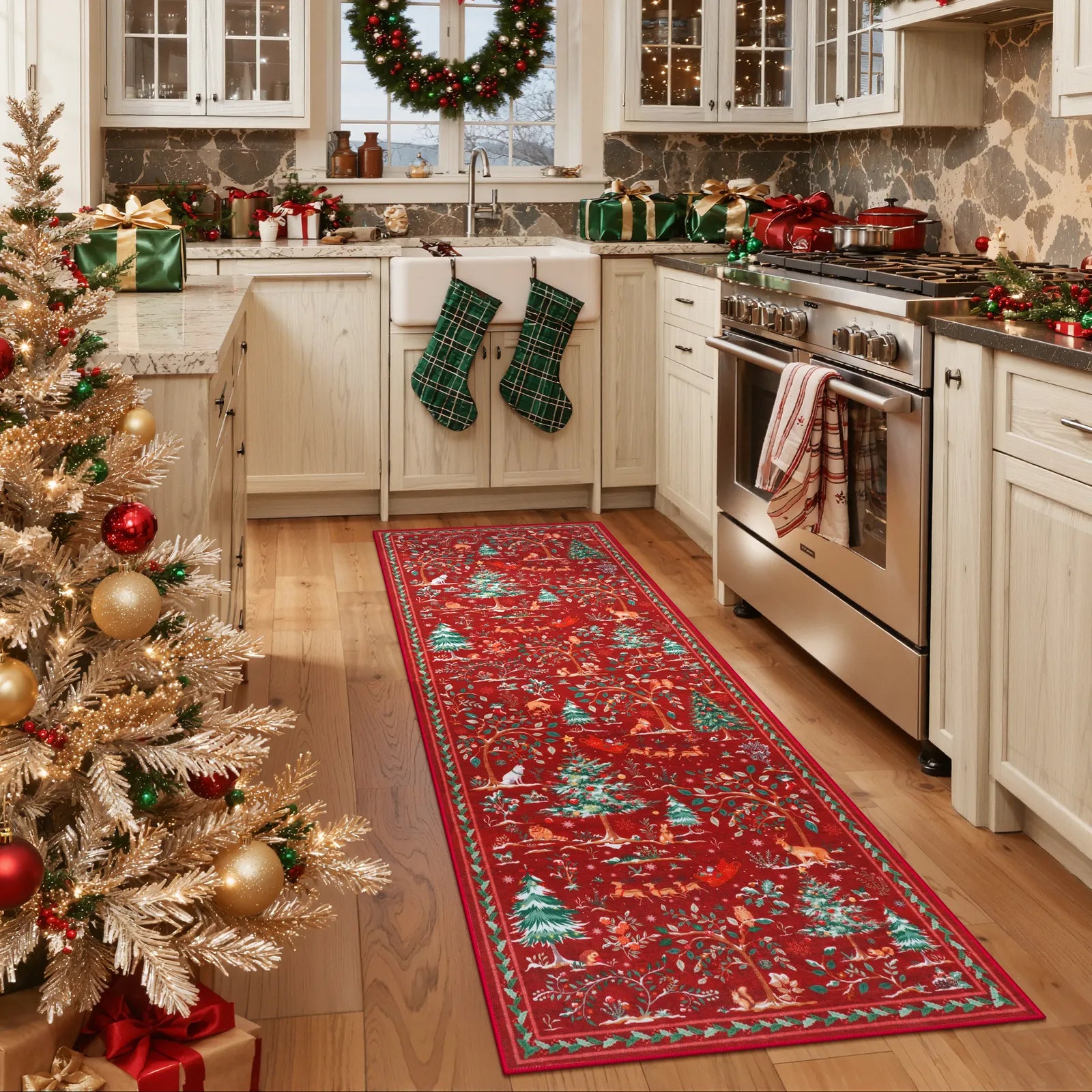 Lumiere Christmas Washable Classic Deer Woodland Red Rug Area Rugs Lahome