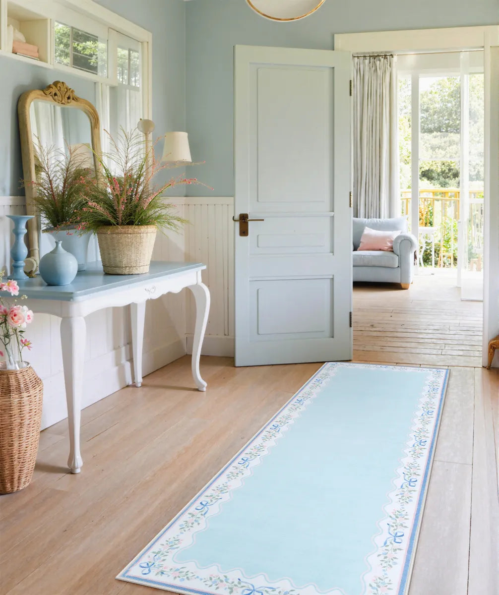 Maelis Washable Vintage Ribbon Blue Rug Rugs Lahome