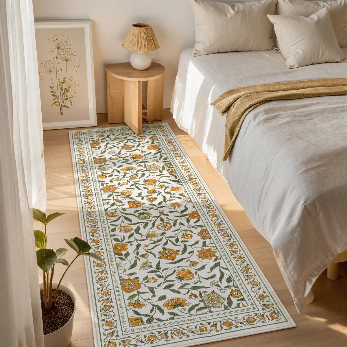 Washable Yellow Boho French Floral Rug | Solace Elegant Style - Lahome
