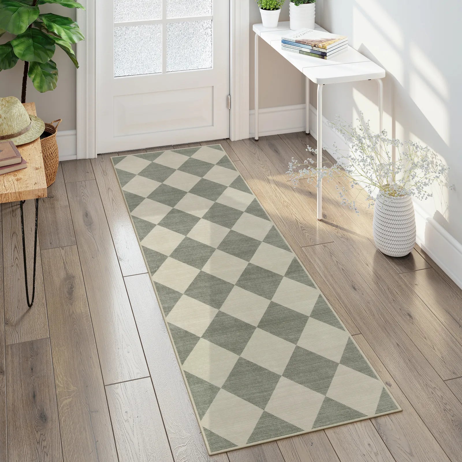 Varell Washable Modern Geometric Checkered Green Rug Rugs Lahome 2' x 6'