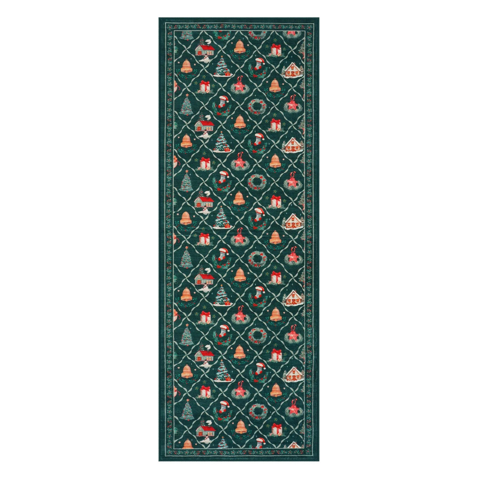 Ondule Christmas Washable Wreath Tree Plaid Ivory Green Rug Area Rugs Lahome