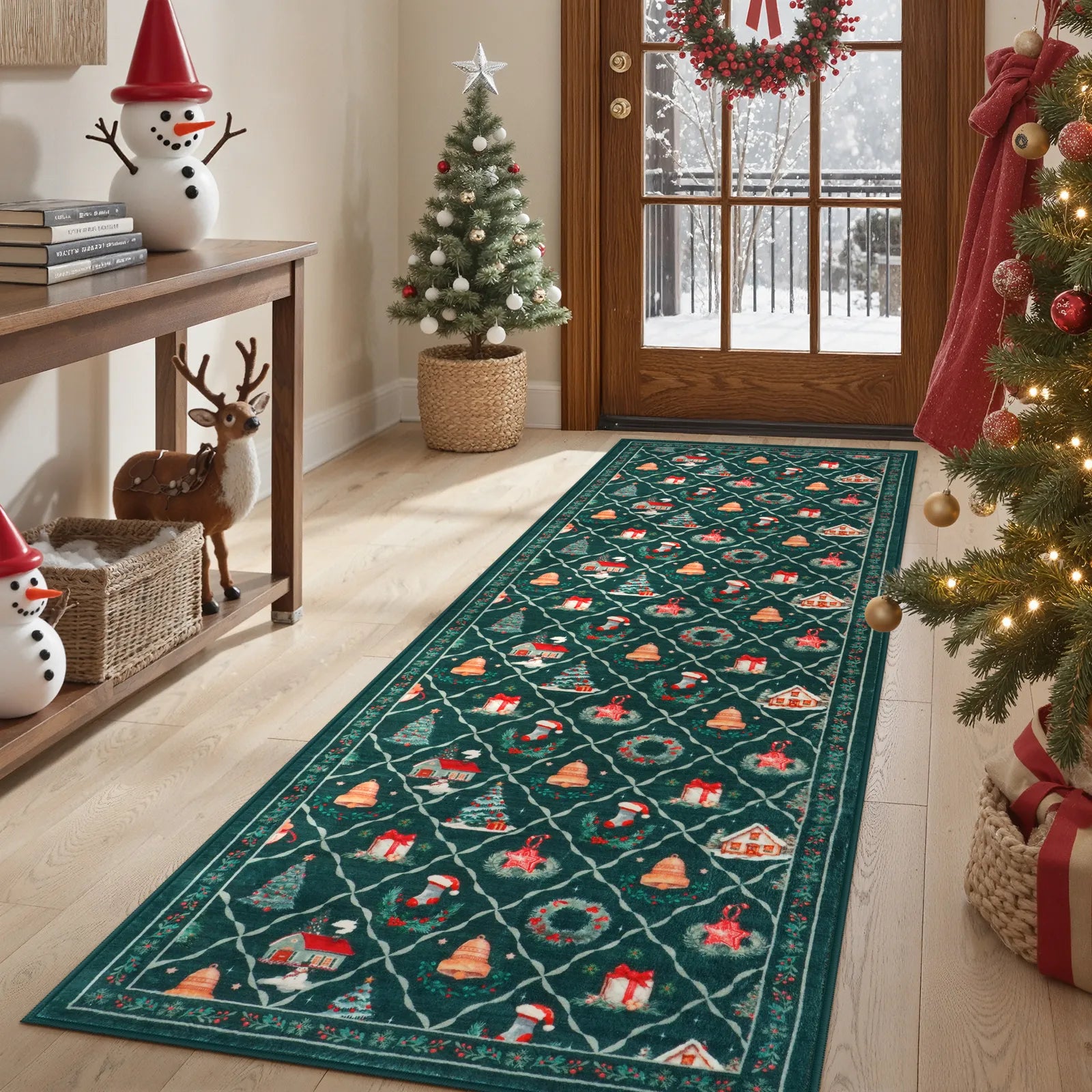 Ondule Christmas Washable Wreath Tree Plaid Ivory Green Rug Area Rugs Lahome