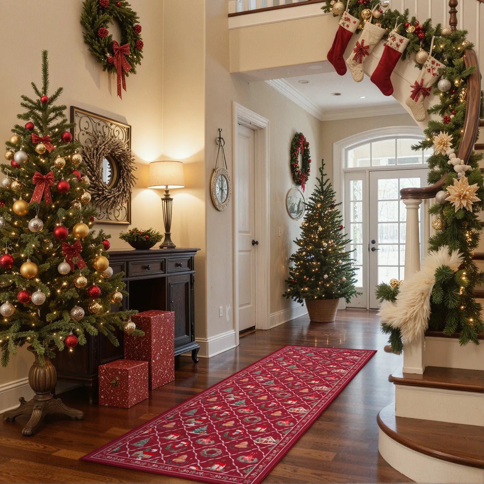 Ondule Christmas Washable Wreath Tree Plaid Ivory Red Rug Area Rugs Lahome