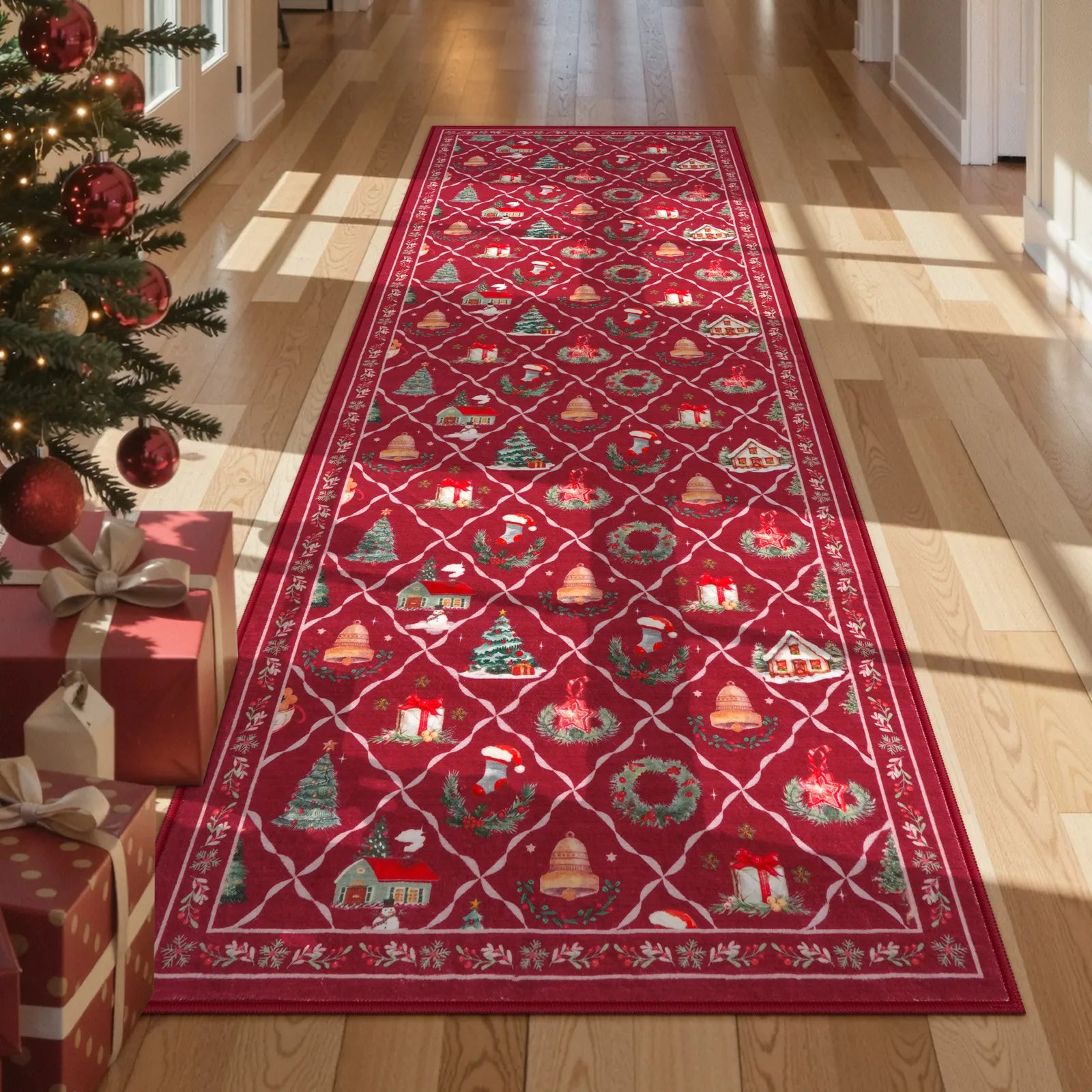 Ondule Christmas Washable Wreath Tree Plaid Ivory Red Rug Area Rugs Lahome