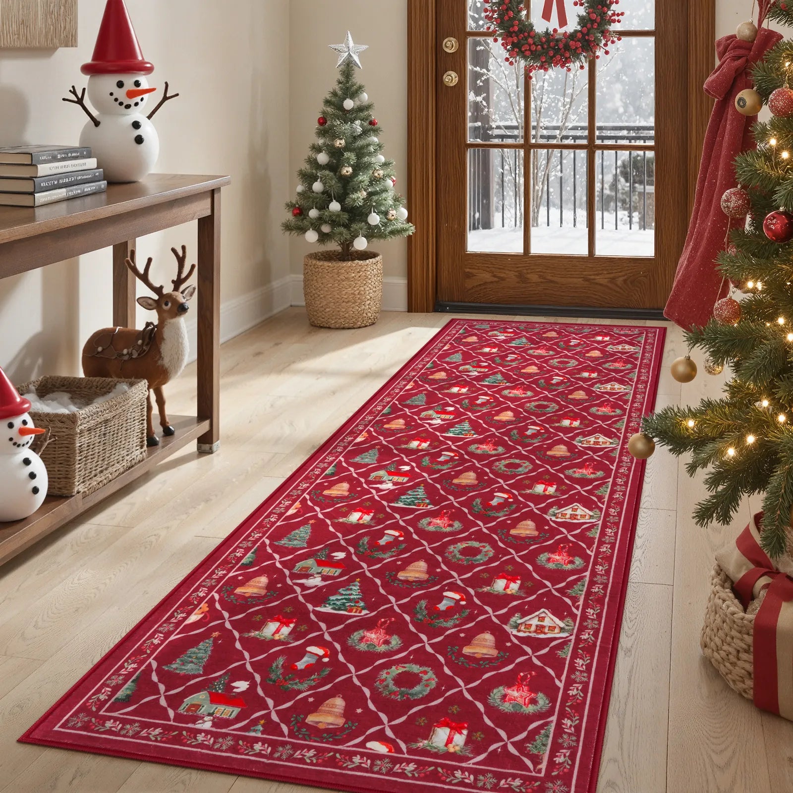 Ondule Christmas Washable Wreath Tree Plaid Ivory Red Rug Area Rugs Lahome