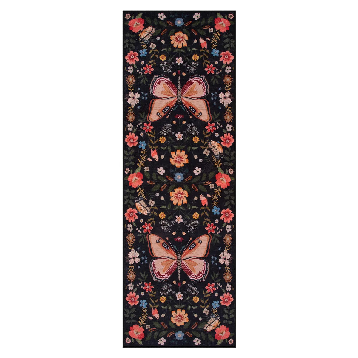 Fleuron Washable Boho Garden Floral Butterfly Black Runner Rug Rugs Lahome
