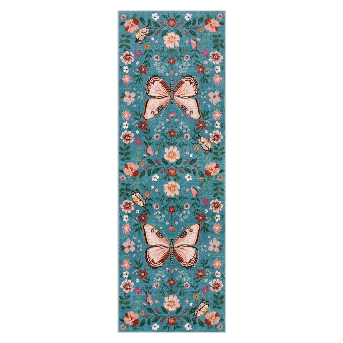 Fleuron Washable Boho Garden Floral Butterfly Blue Runner Rug Rugs Lahome