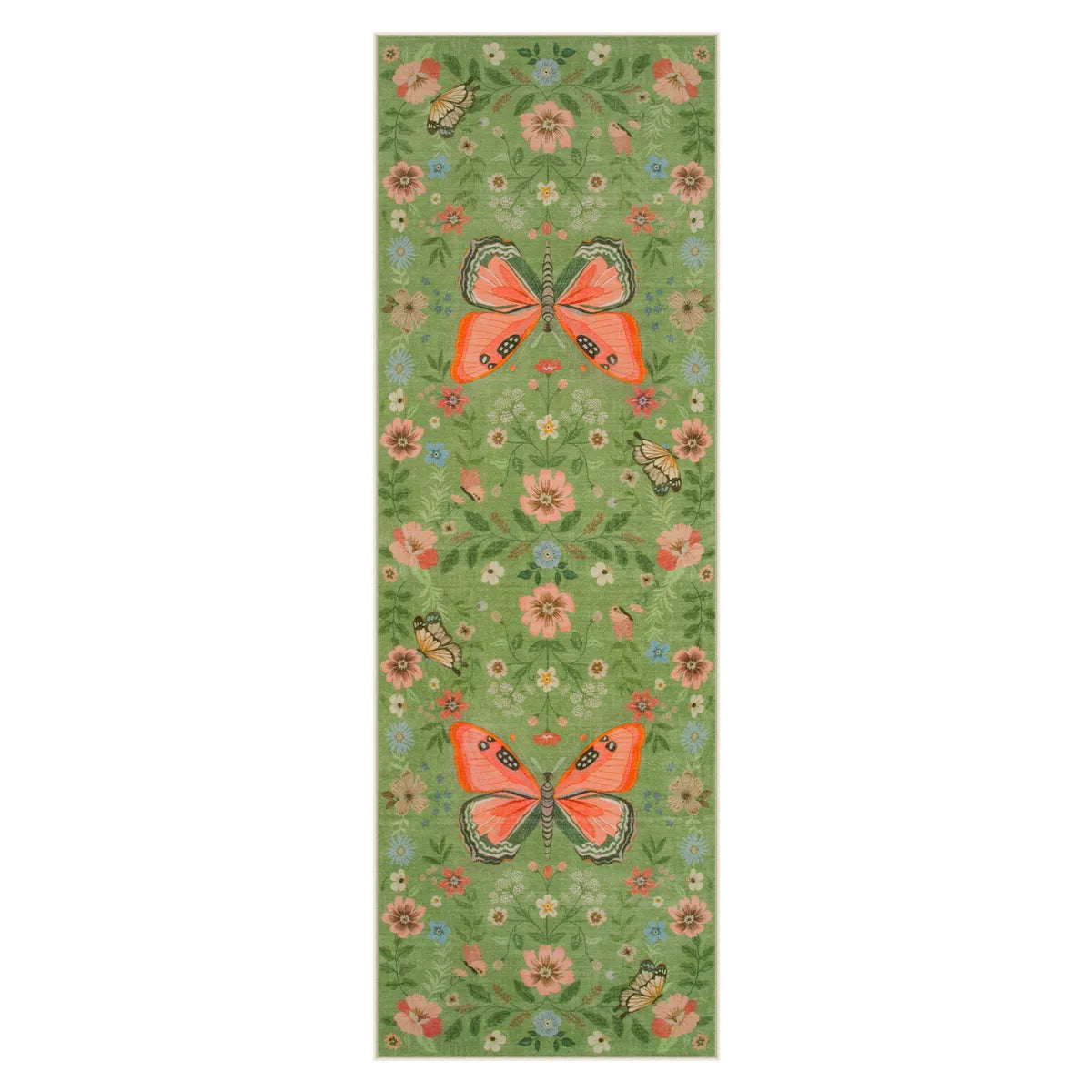 Fleuron Washable Boho Garden Floral Butterfly Green Runner Rug Rugs Lahome