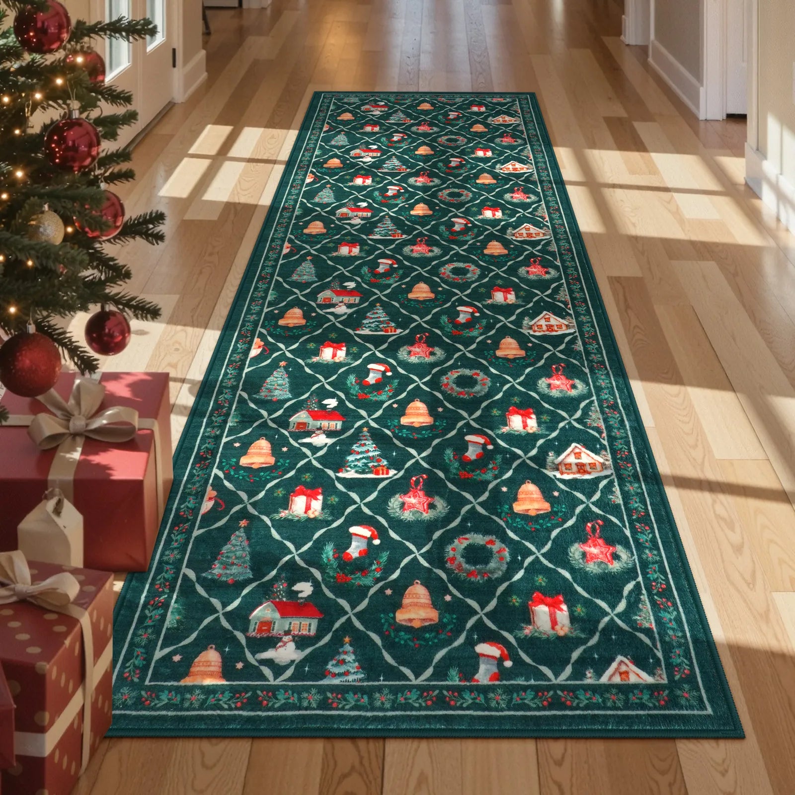 Ondule Christmas Washable Wreath Tree Plaid Ivory Green Rug Area Rugs Lahome 2' x 6'
