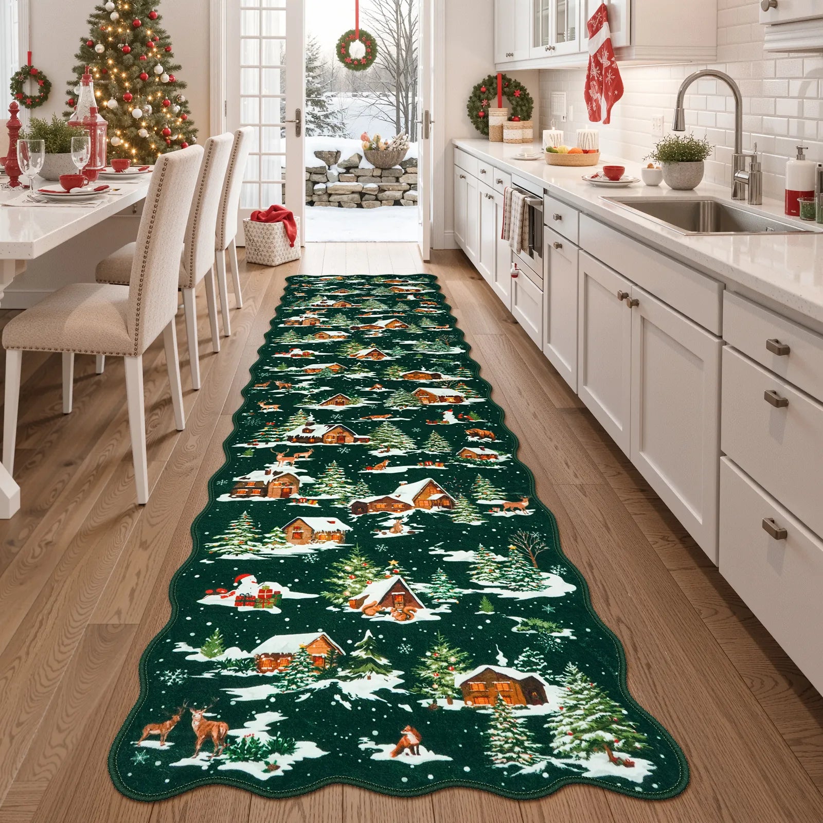 Gabriel Christmas Washable Cottage Lights Forest Animals Green Rug Area Rugs Lahome 2' x 8'