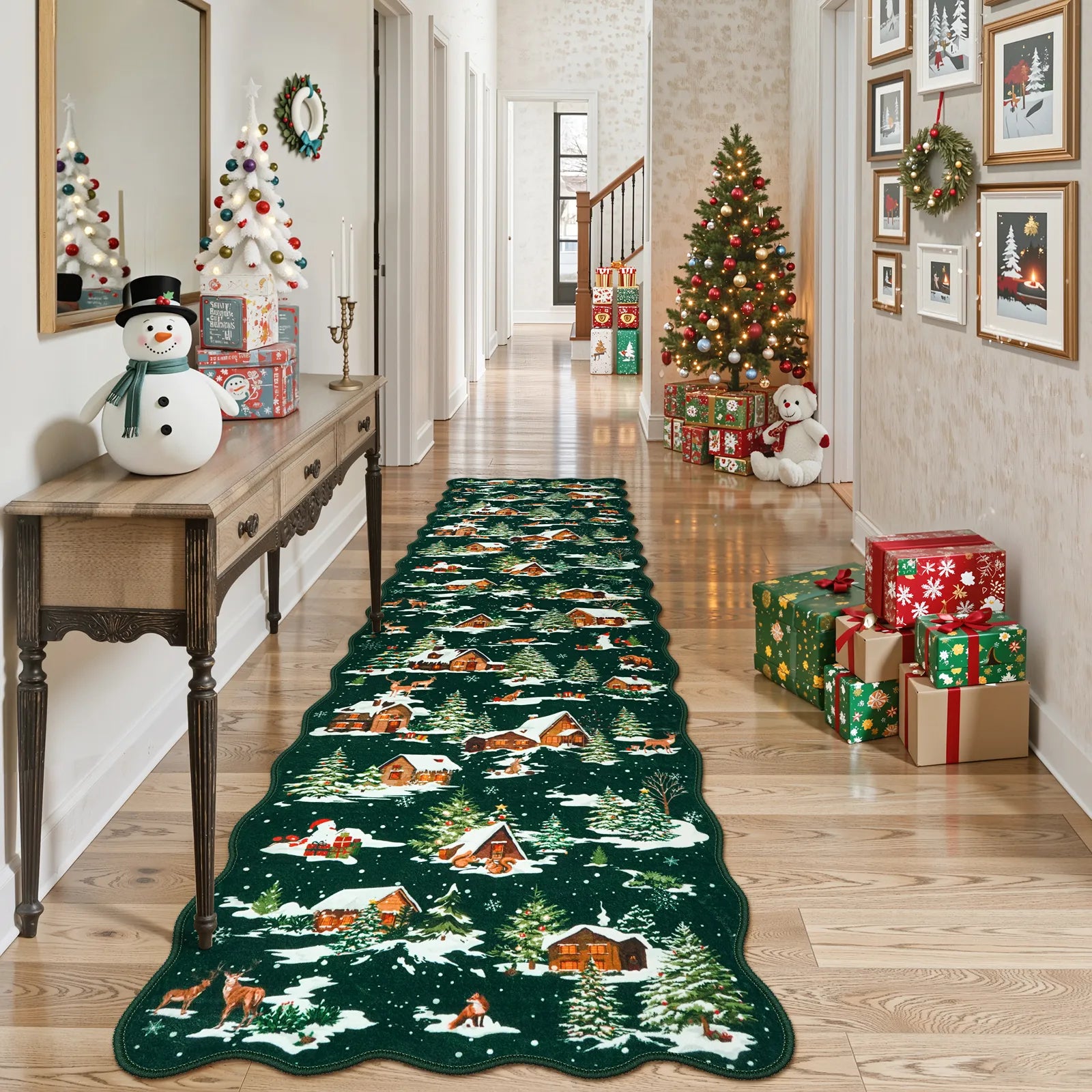 Gabriel Christmas Washable Cottage Lights Forest Animals Green Rug Area Rugs Lahome