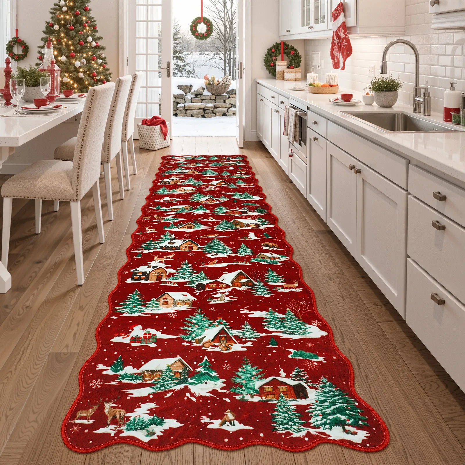 Gabriel Christmas Washable Cottage Lights Forest Animals Red Rug Area Rugs Lahome