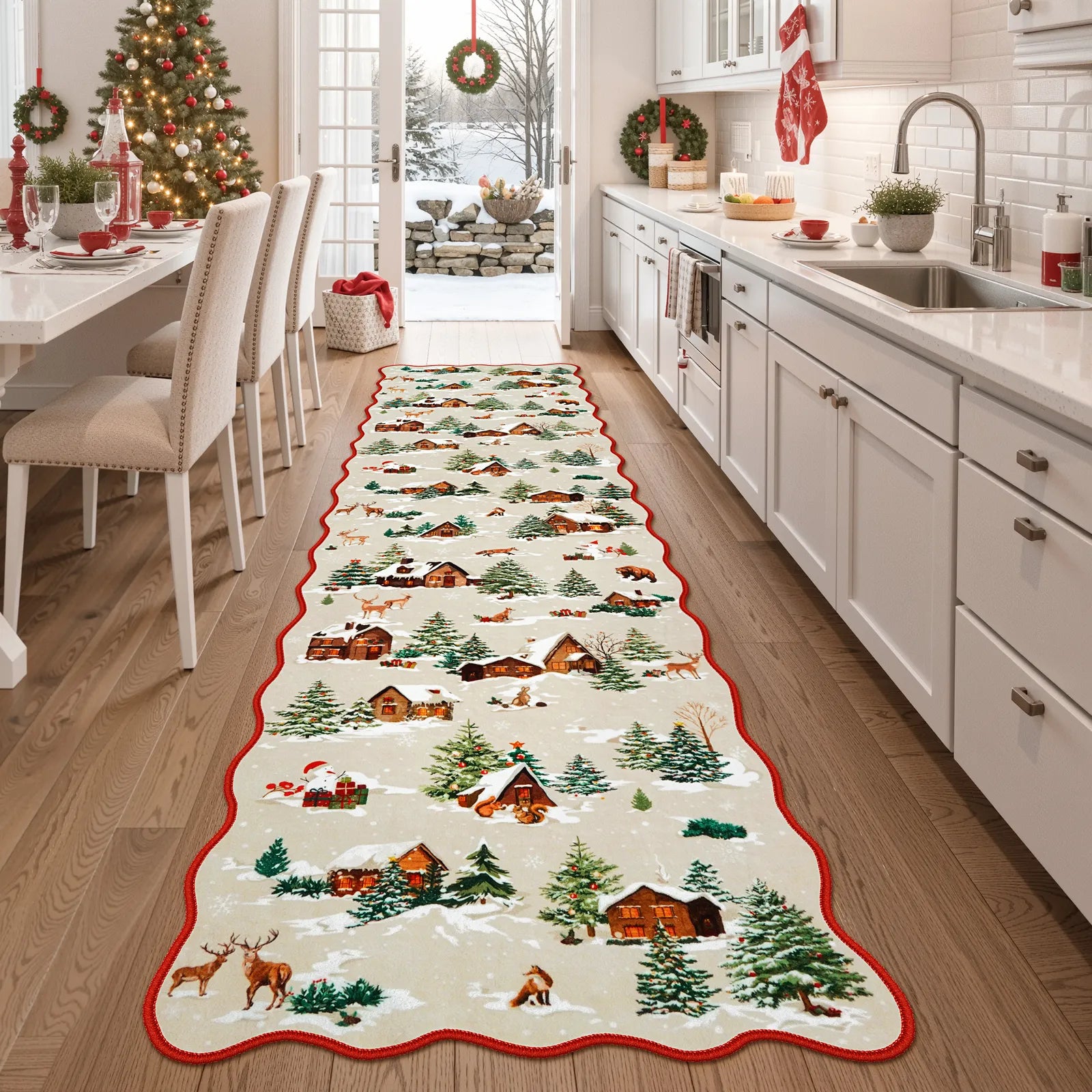 Gabriel Christmas Washable Cottage Lights Forest Animals Beige Rug Area Rugs Lahome 2' x 8'