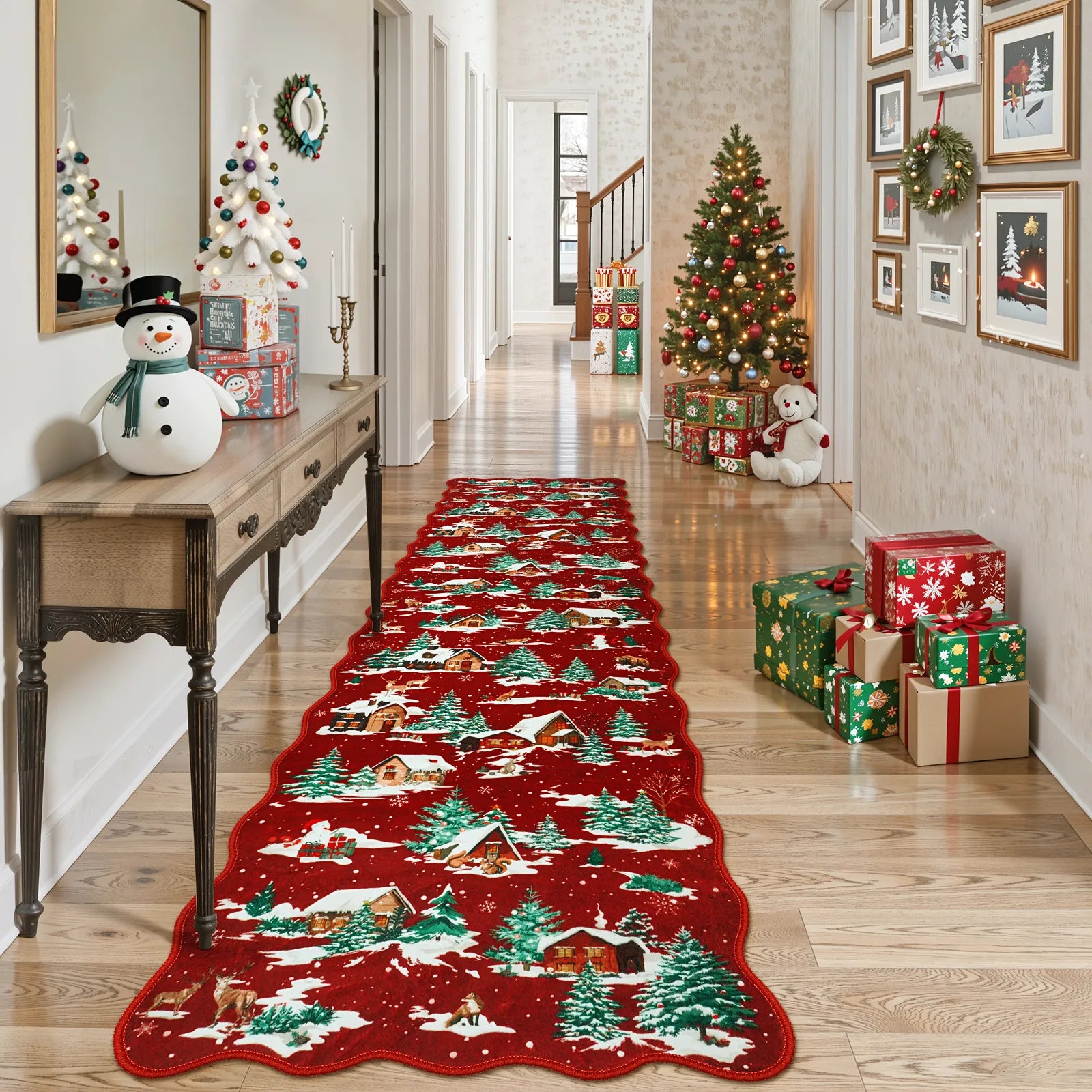 Gabriel Christmas Washable Cottage Lights Forest Animals Red Rug Area Rugs Lahome 2' x 8'