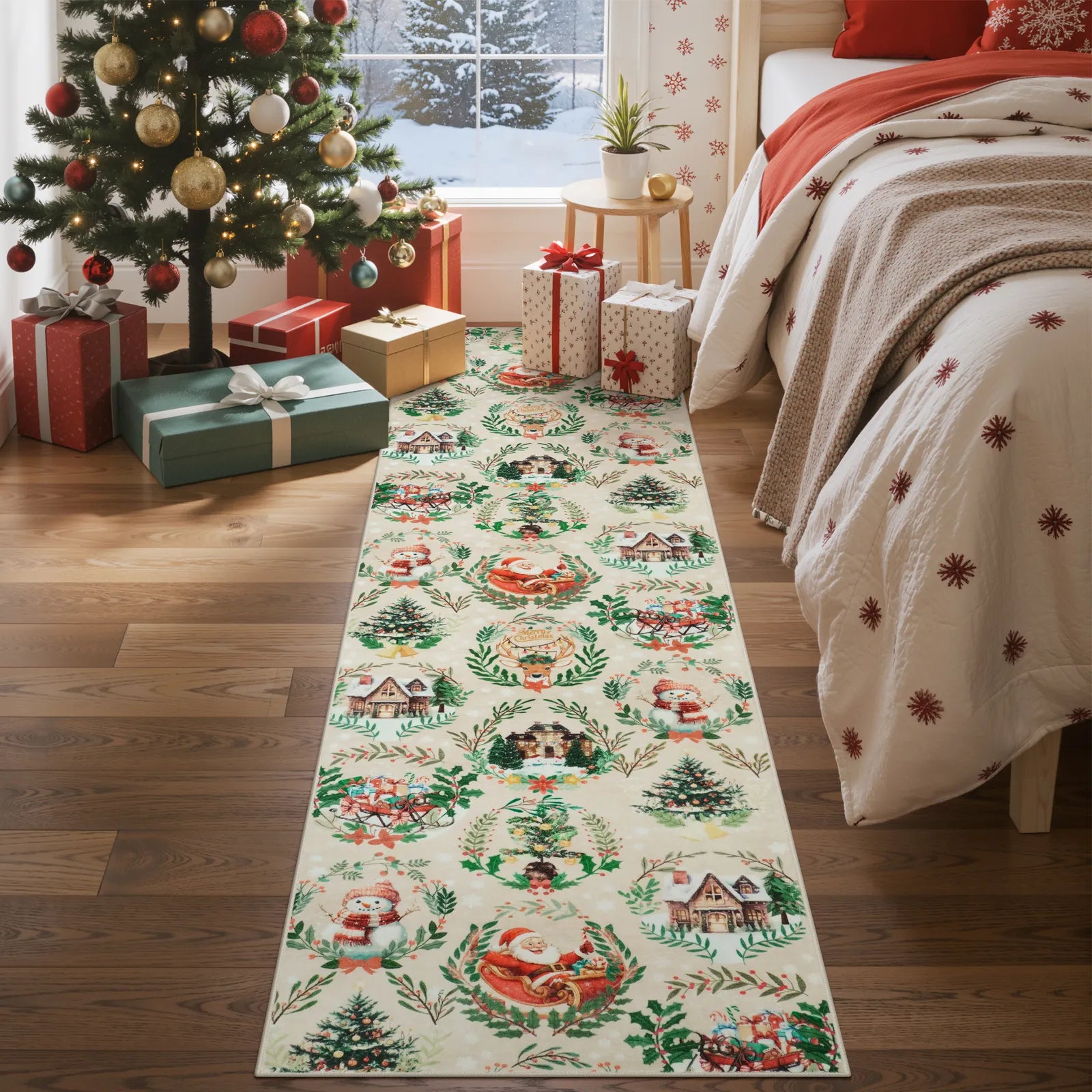 Laure Christmas Washable Garland Santa Sleigh Beige Rug Runner Rugs Lahome