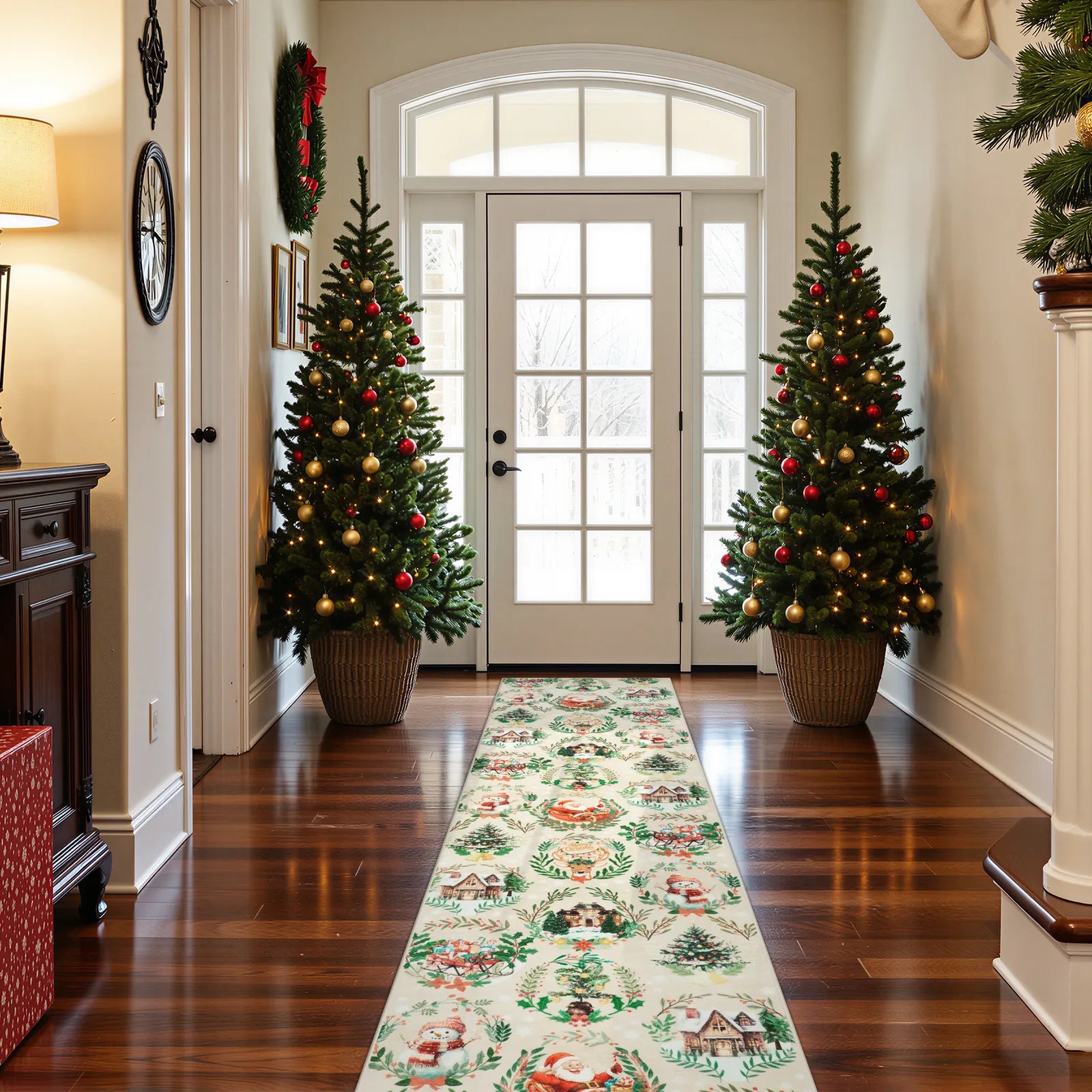 Laure Christmas Washable Garland Santa Sleigh Beige Rug Runner Rugs Lahome
