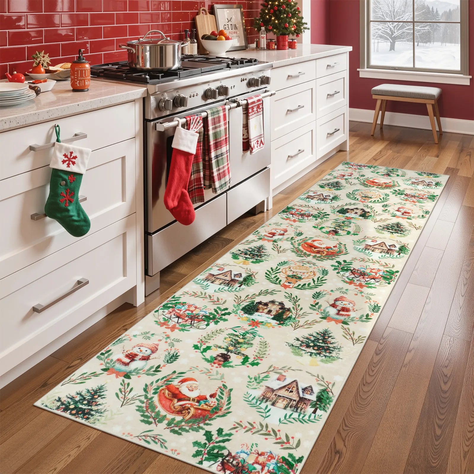 Laure Christmas Washable Garland Santa Sleigh Beige Rug Runner Rugs Lahome