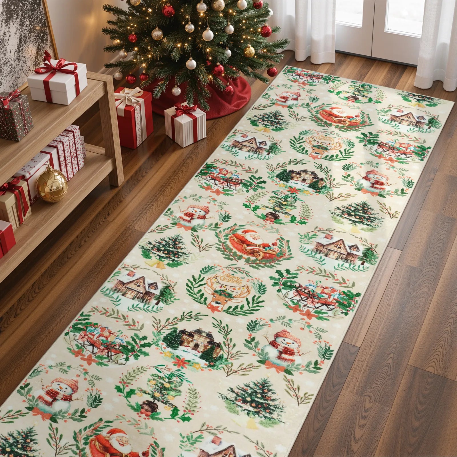 Laure Christmas Washable Garland Santa Sleigh Beige Rug Runner Rugs Lahome 2' x 8'