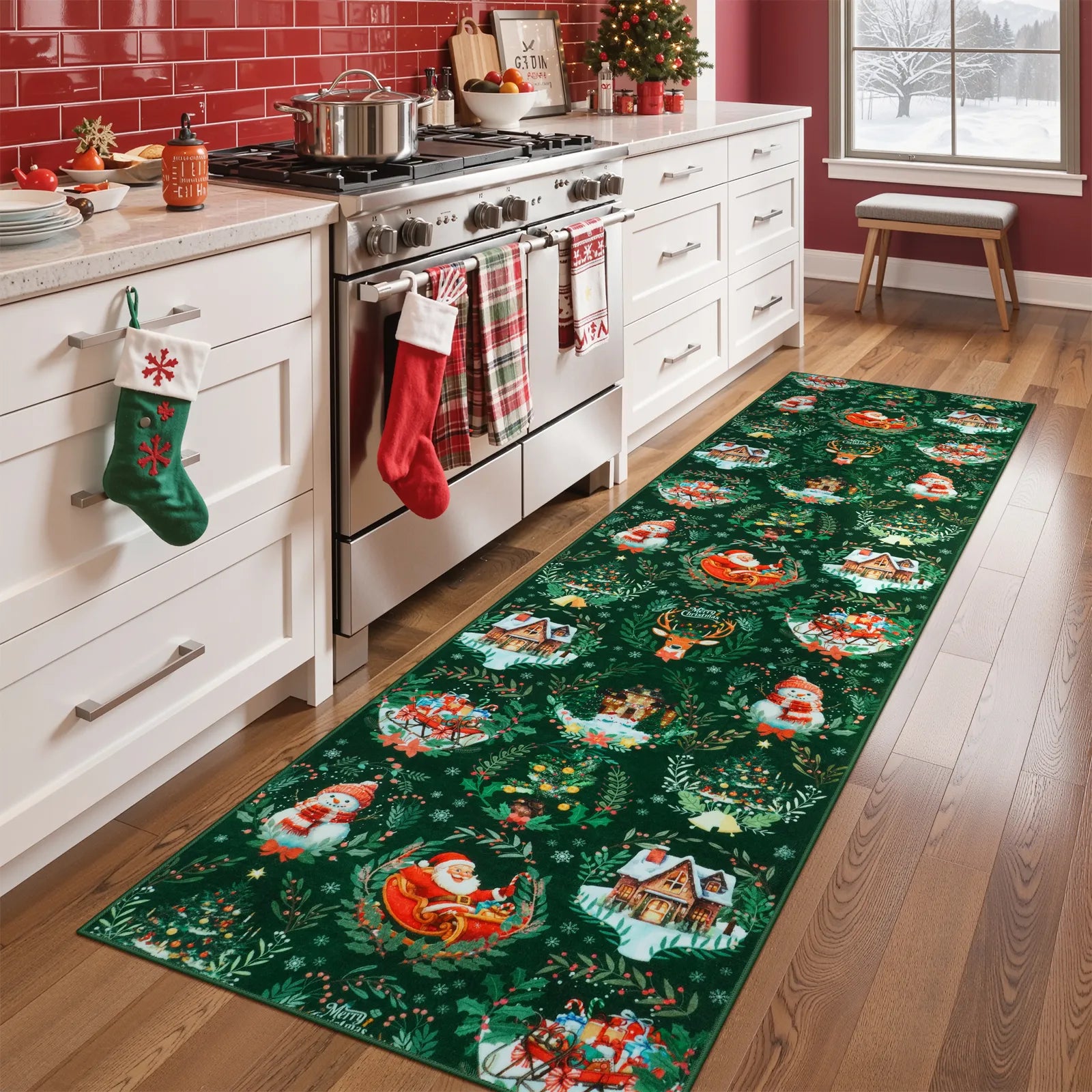 Laure Christmas Washable Garland Santa Sleigh Green Rug Runner Rugs Lahome 2' x 8'
