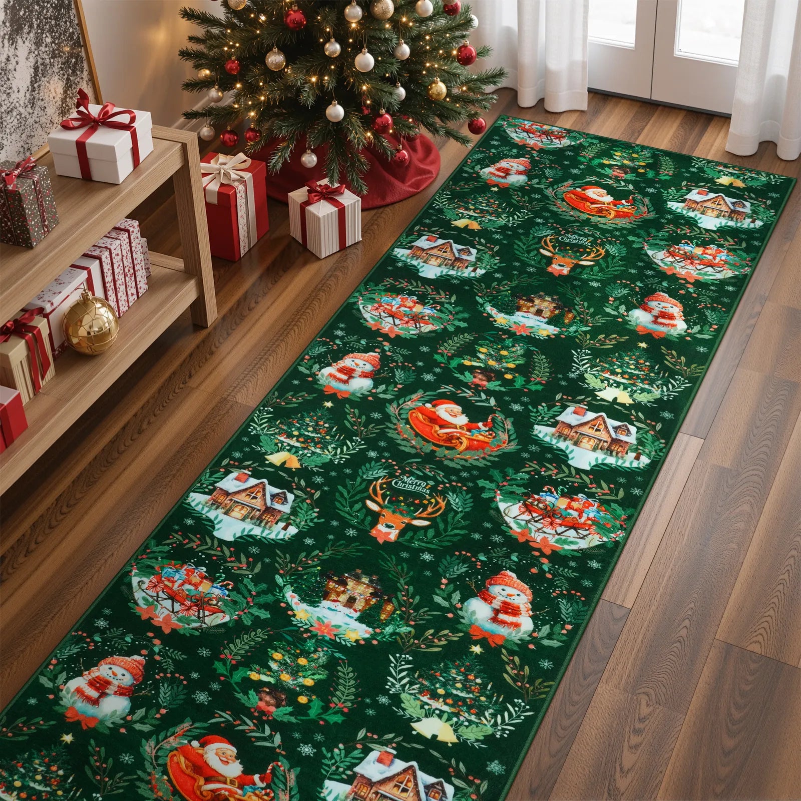 Laure Christmas Washable Garland Santa Sleigh Green Rug Runner Rugs Lahome