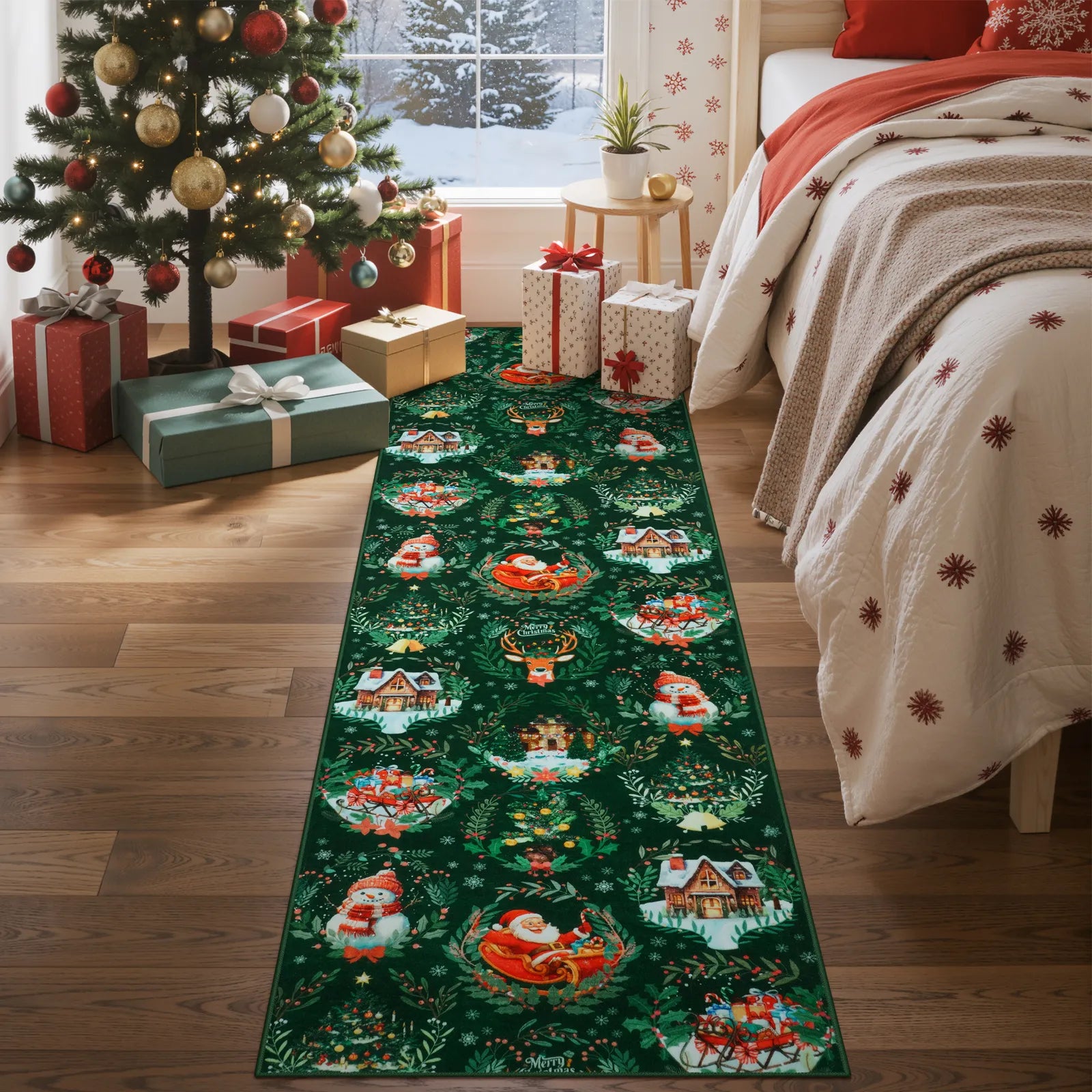 Laure Christmas Washable Garland Santa Sleigh Green Rug Runner Rugs Lahome