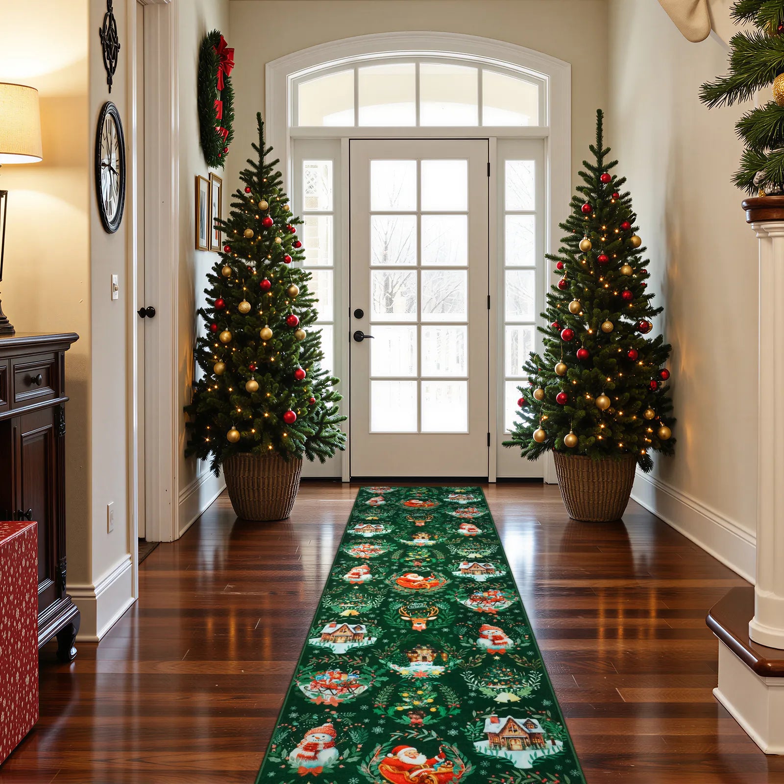 Laure Christmas Washable Garland Santa Sleigh Green Rug Runner Rugs Lahome