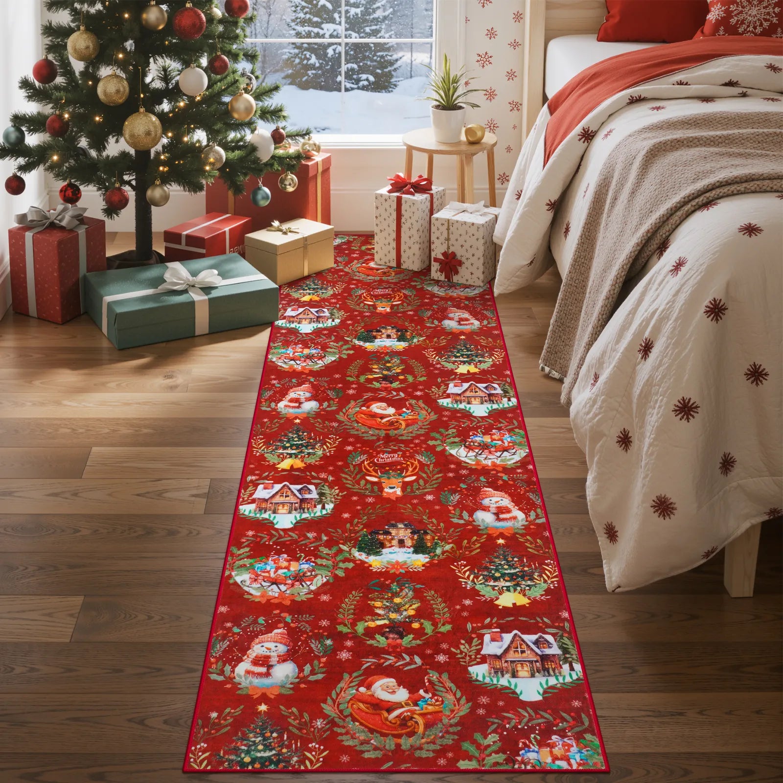 Laure Christmas Washable Garland Santa Sleigh Red Indoor/Outdoor Rug Area Rugs Lahome