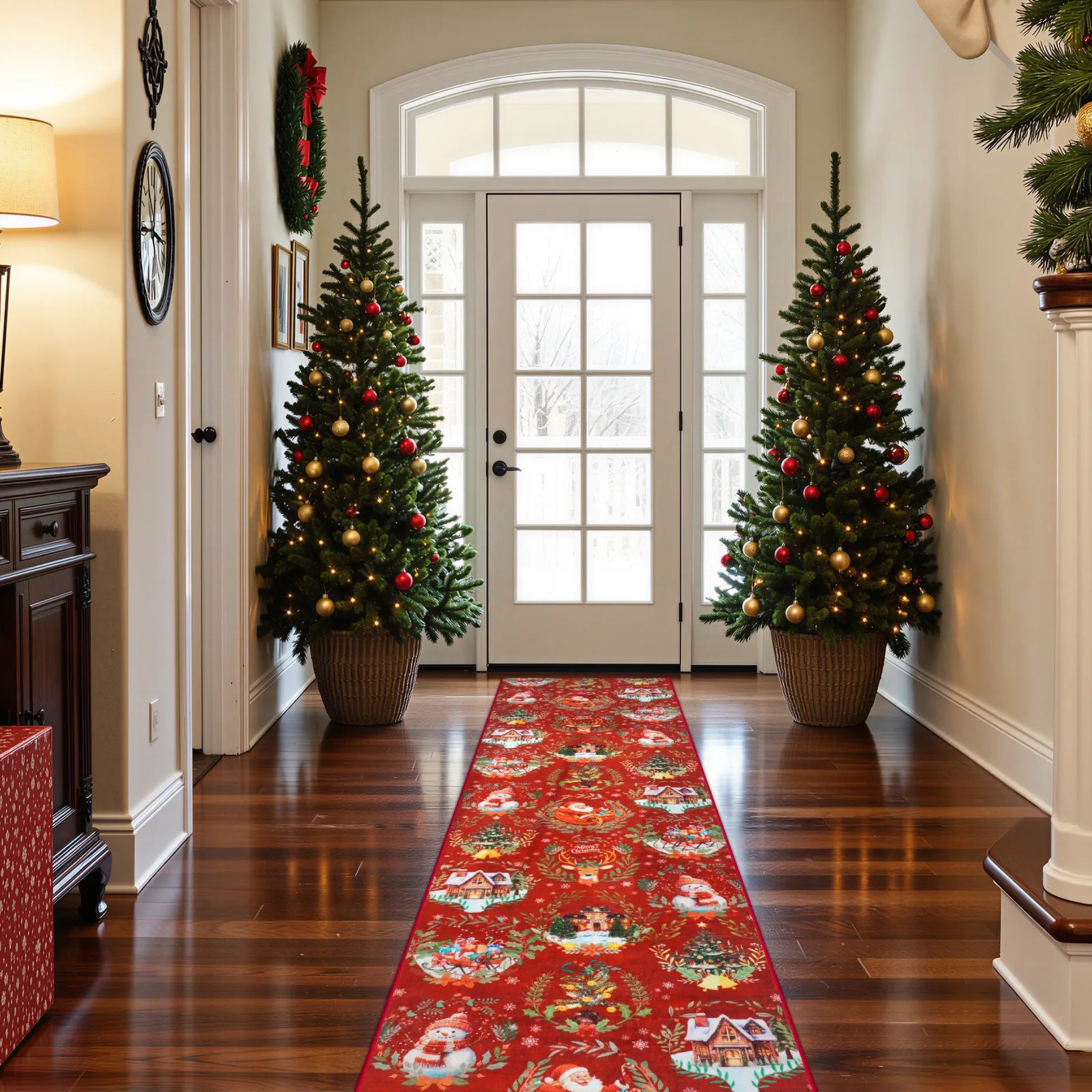 Laure Christmas Washable Garland Santa Sleigh Red Indoor/Outdoor Rug Area Rugs Lahome
