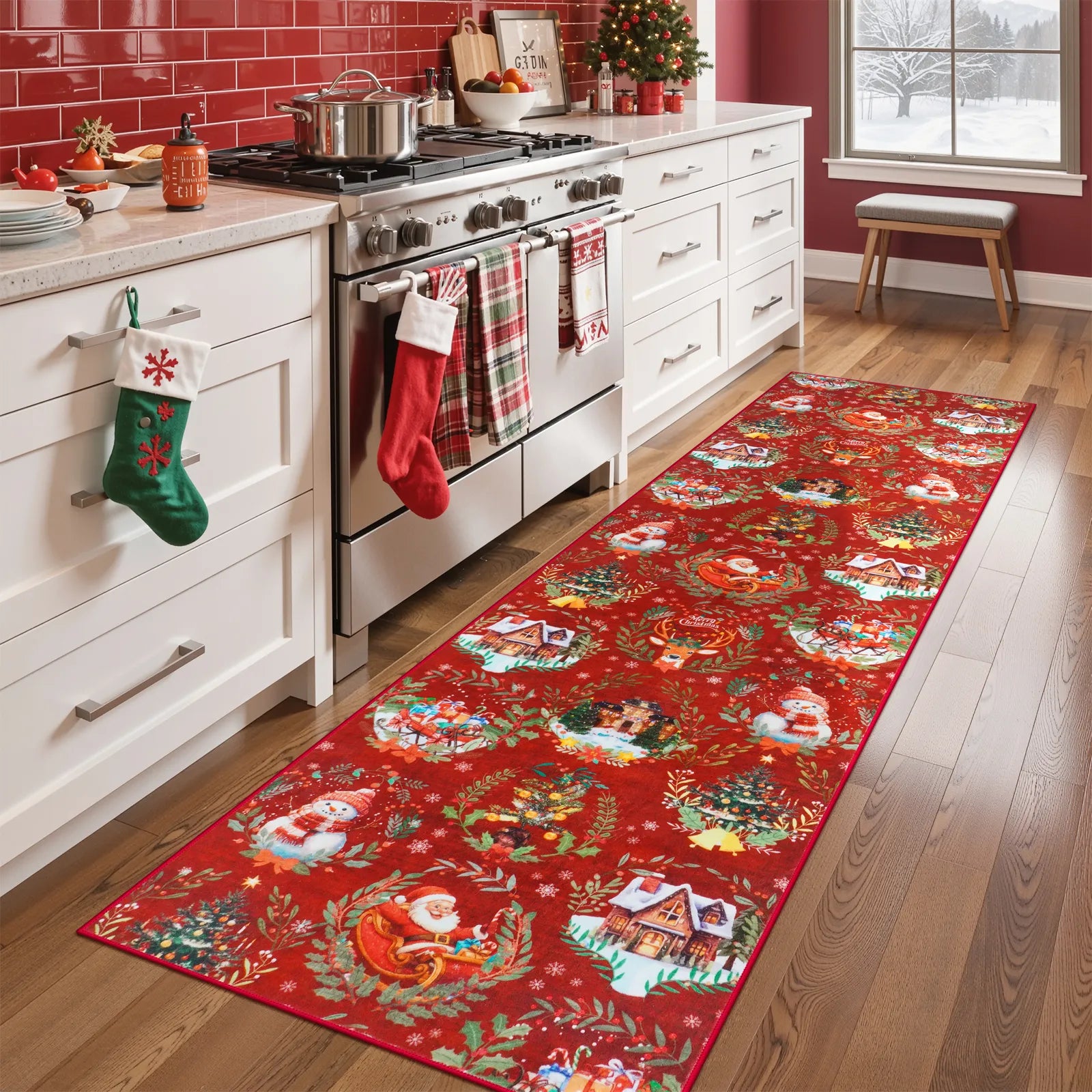 Laure Christmas Washable Garland Santa Sleigh Red Indoor/Outdoor Rug Area Rugs Lahome 2' x 8'