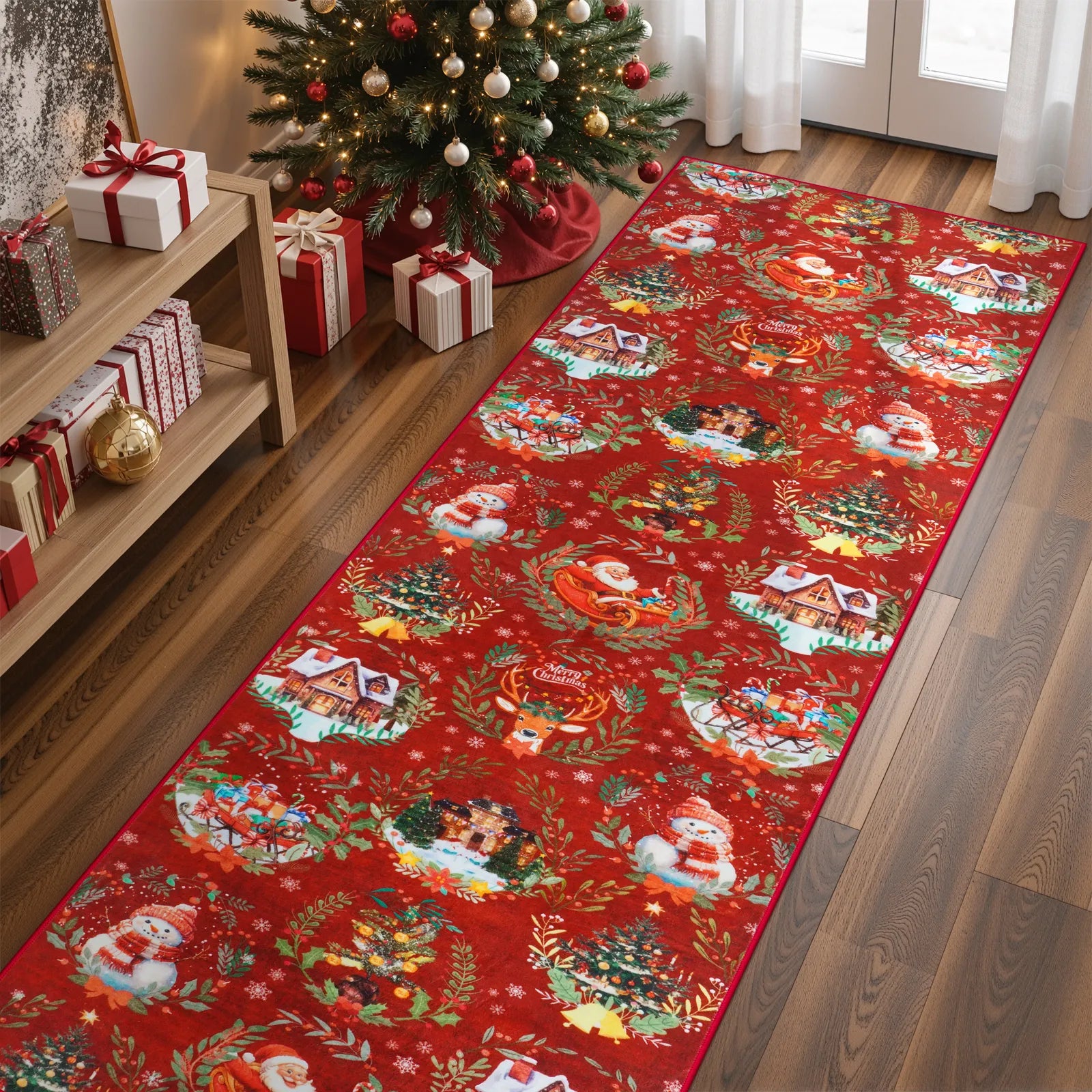 Laure Christmas Washable Garland Santa Sleigh Red Indoor/Outdoor Rug Area Rugs Lahome