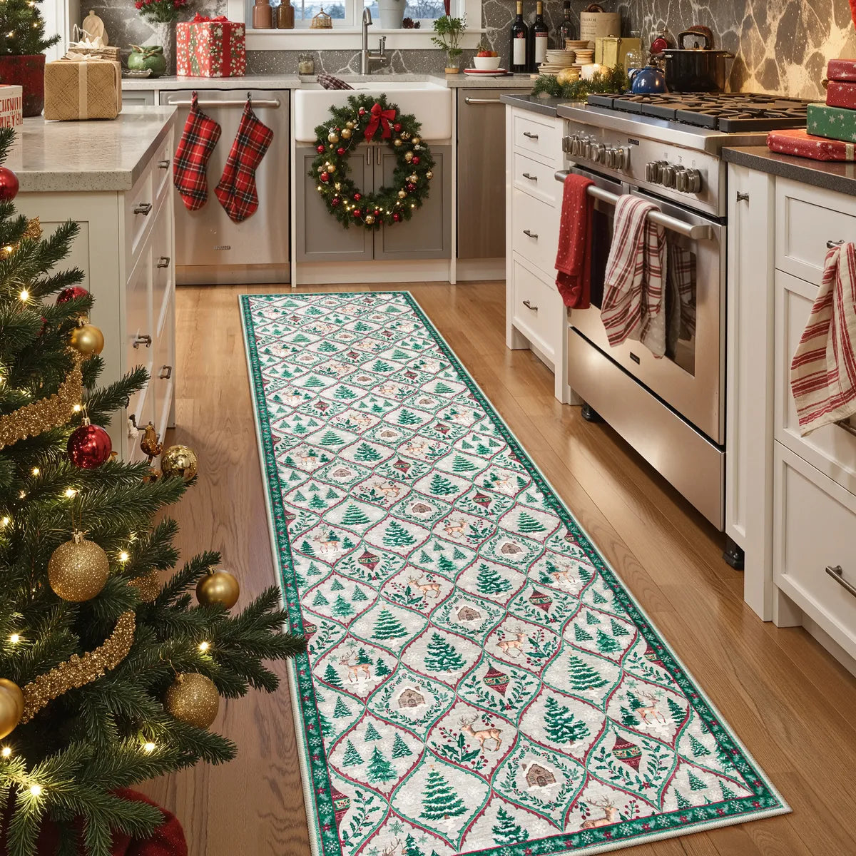 Glace Christmas Washable Tree and Reindeer Green/Beige Rug Area Rugs Lahome 2' x 8'