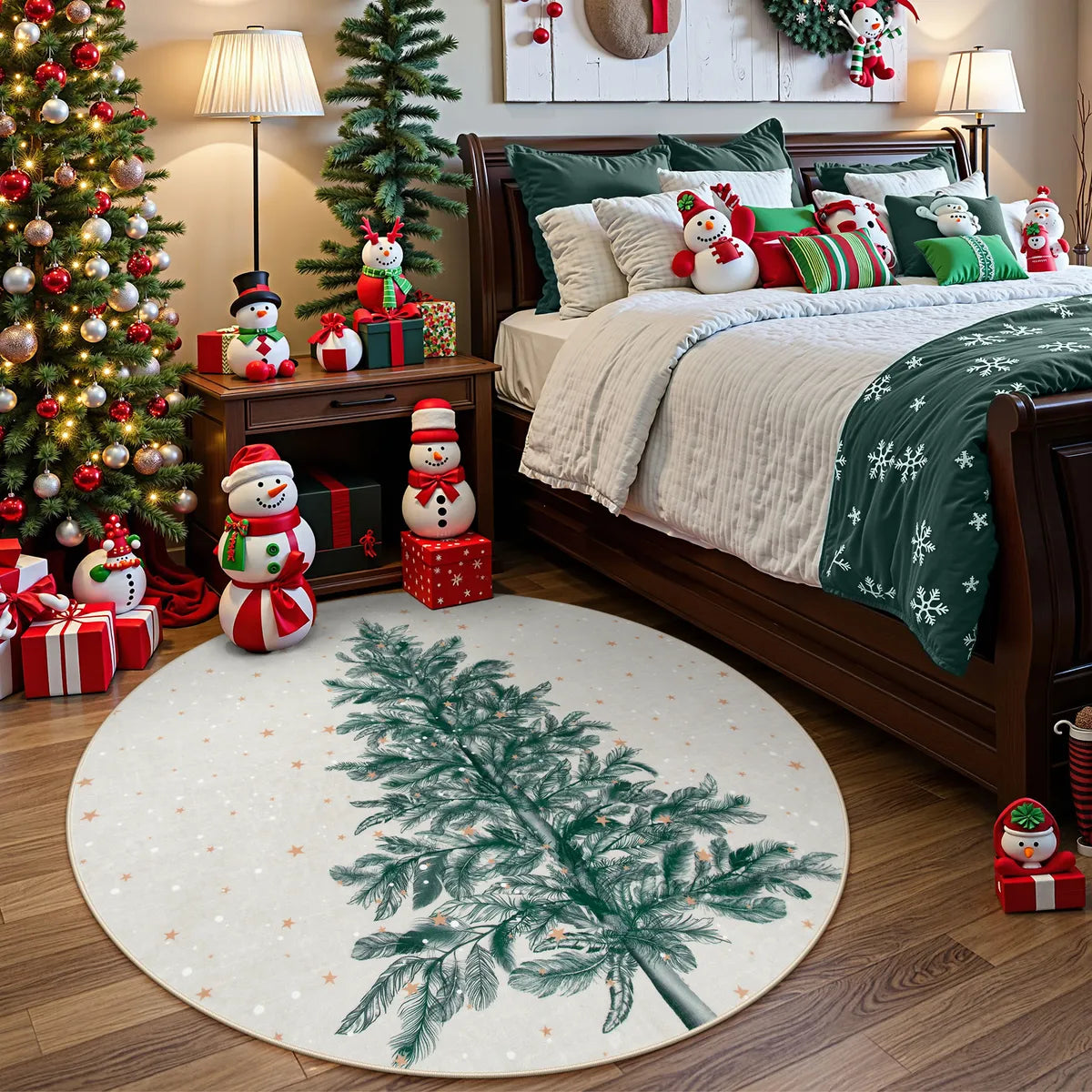 Christmas Washable Tree and Snowflake Beige Rug Area Rugs Lahome 3' Round