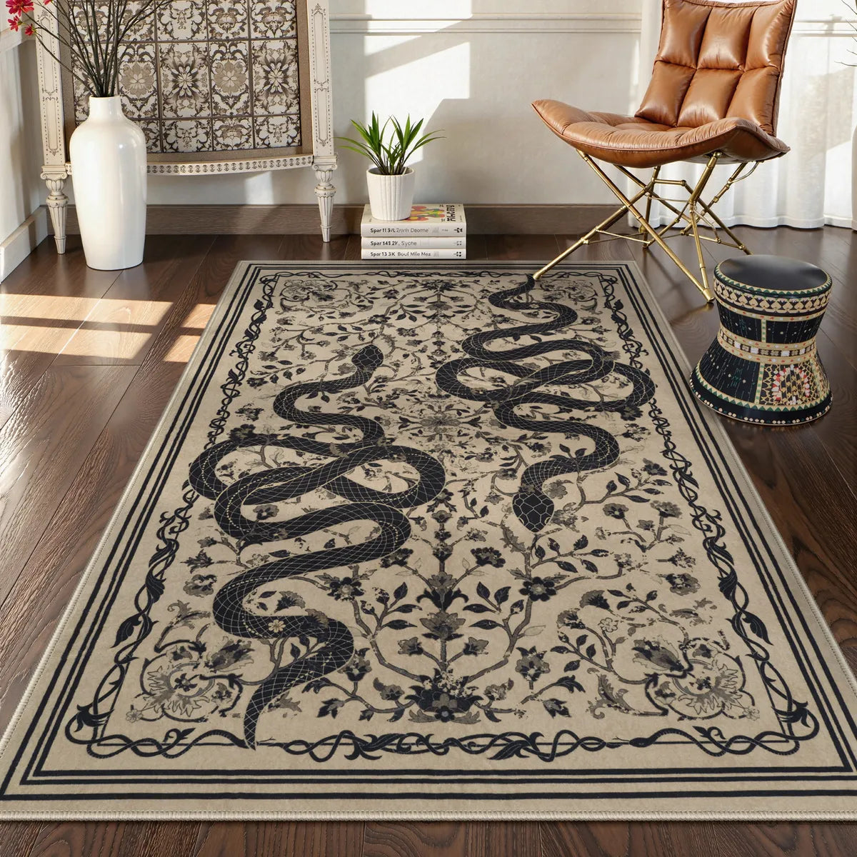 Serpente Washable Mystical Snake Brown Rug Area Rugs Lahome 3' x 5'