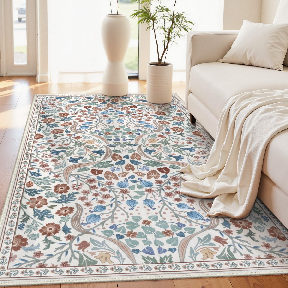 Washable Beige Floral Botanical Rug | Claude Maximalism Style - Lahome