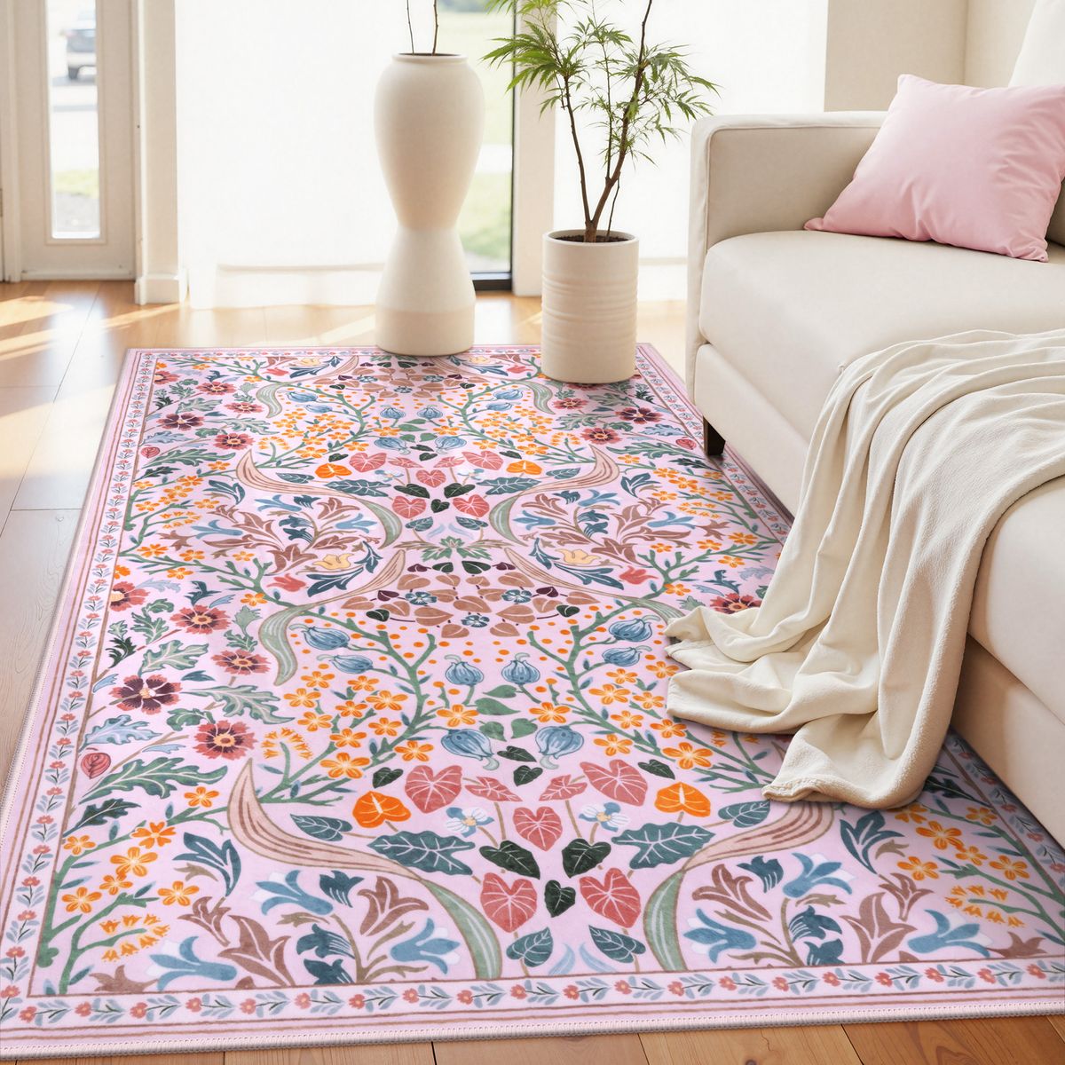 Last Chance Washable Pink Floral Botanical Rug | Claude Maximalism