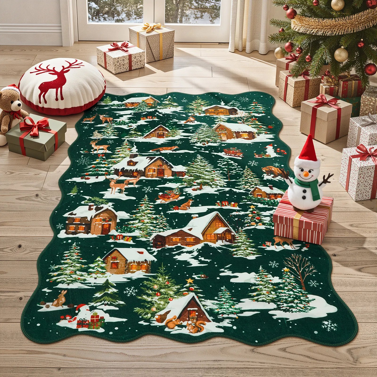 Gabriel Christmas Washable Cottage Lights Forest Animals Green Rug Area Rugs Lahome