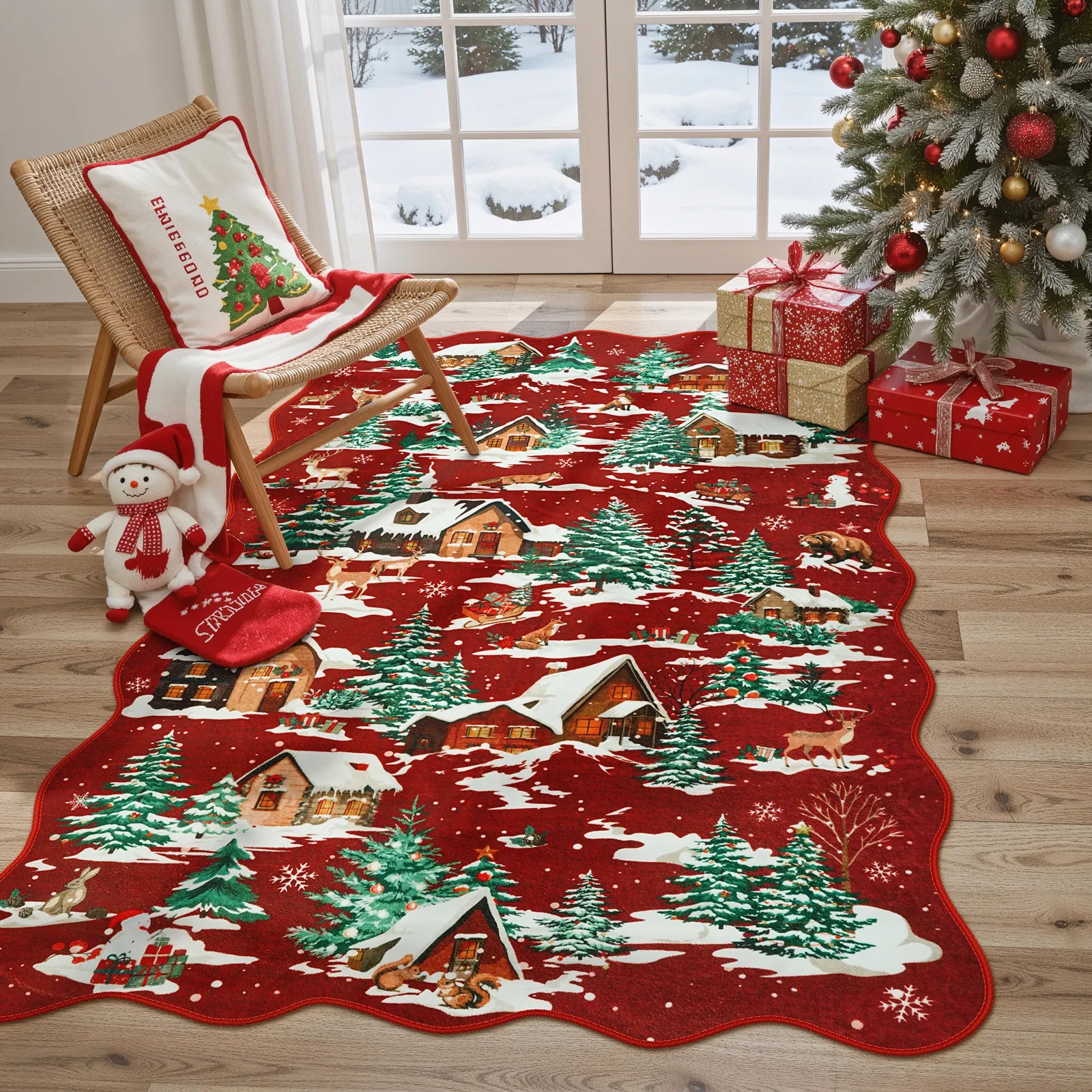 Gabriel Christmas Washable Cottage Lights Forest Animals Red Rug Area Rugs Lahome