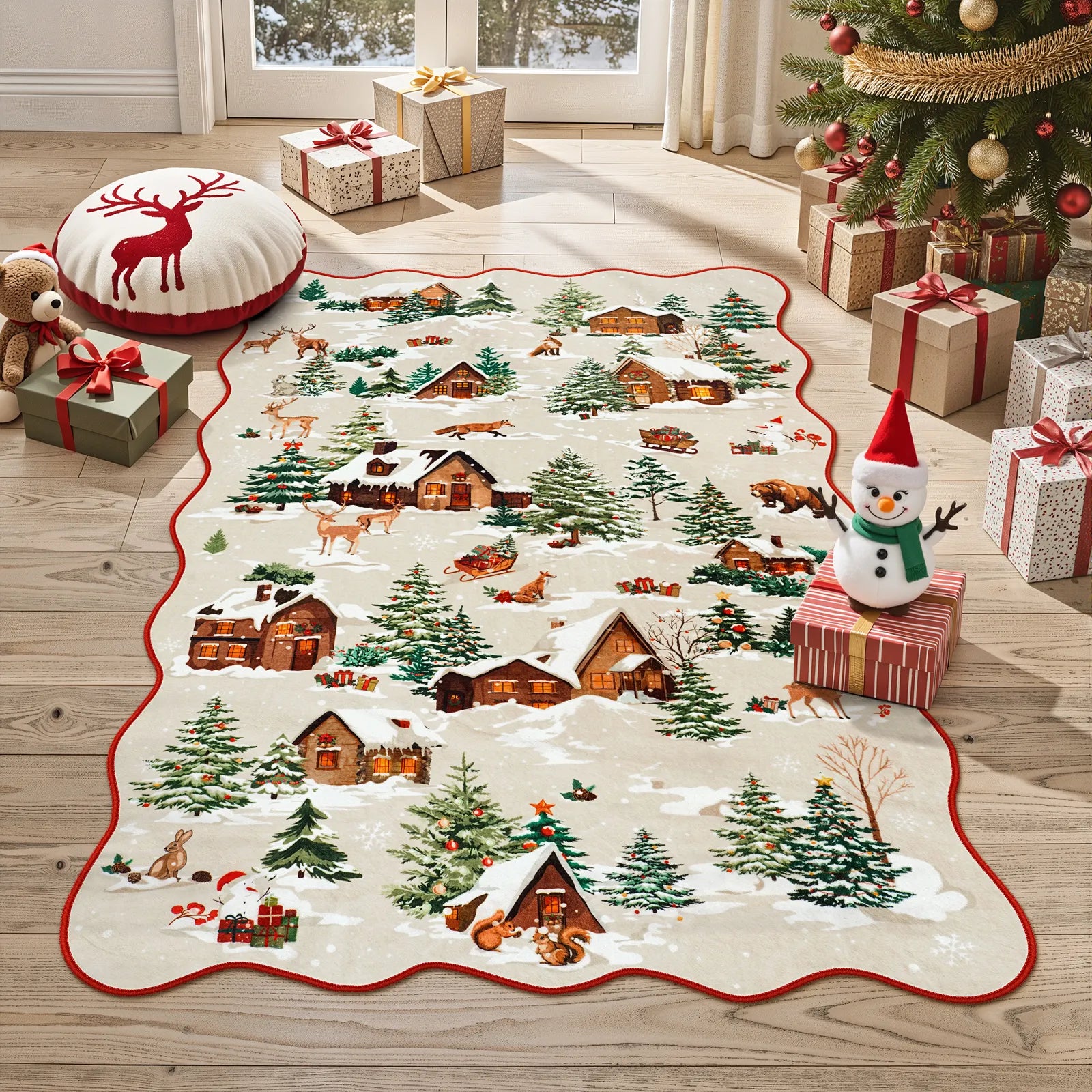 Gabriel Christmas Washable Cottage Lights Forest Animals Beige Rug Area Rugs Lahome 3' x 5'