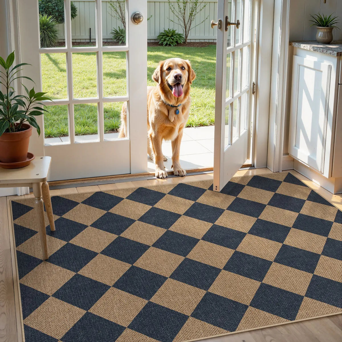 Coline Washable Geometric Checkered Easy Jute Blue Indoor/Outdoor Rug Easy Jute Area Rug Lahome