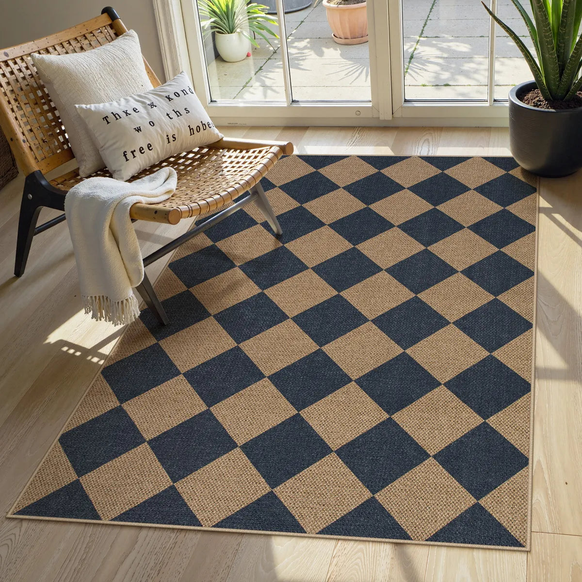 Coline Washable Geometric Checkered Easy Jute Blue Indoor/Outdoor Rug Easy Jute Area Rug Lahome 3' x 5'