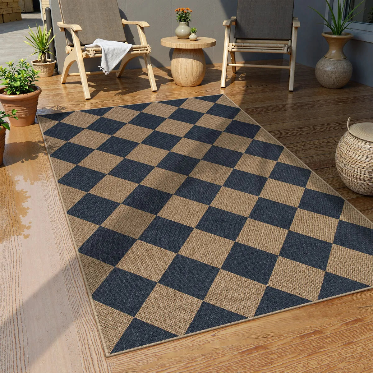 Coline Washable Geometric Checkered Easy Jute Blue Indoor/Outdoor Rug Easy Jute Area Rug Lahome