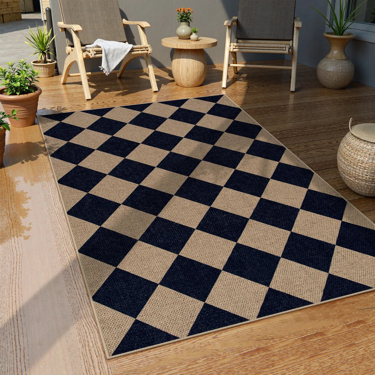 Coline Washable Geometric Checkered Easy Jute Dark Brown Indoor/Outdoor Rug Easy Jute Area Rug Lahome