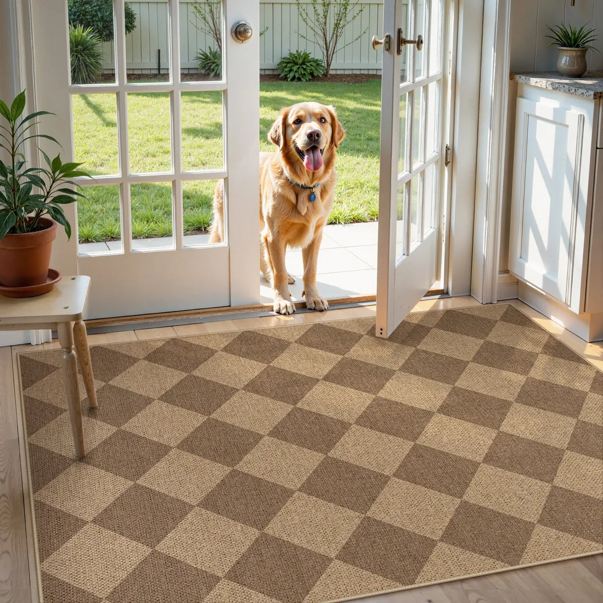 Coline Washable Geometric Checkered Easy Jute Khaki Indoor/Outdoor Rug Easy Jute Area Rug Lahome