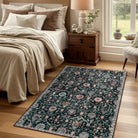 Elise Washable Ultra-thin Transitional Vintage Floral Moroccan Trellis Black Rug Area Rugs Lahome
