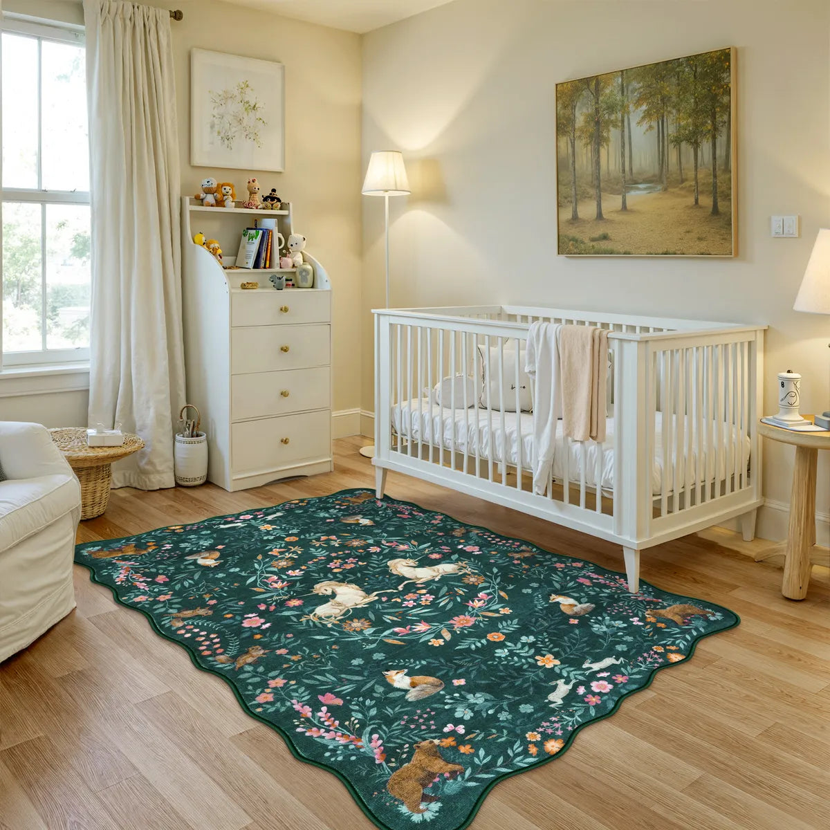 Elysia Washable Maximalist Unicorn Garden Dark Green Rug Area Rugs Lahome