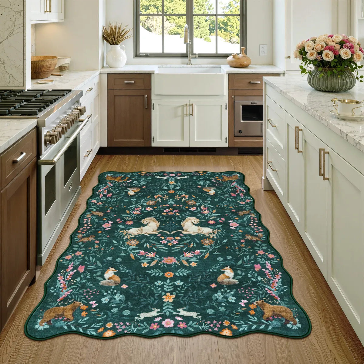 Elysia Washable Maximalist Unicorn Garden Dark Green Rug Area Rugs Lahome