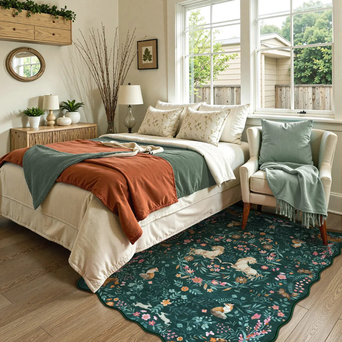 Elysia Washable Maximalist Unicorn Garden Dark Green Rug Area Rugs Lahome
