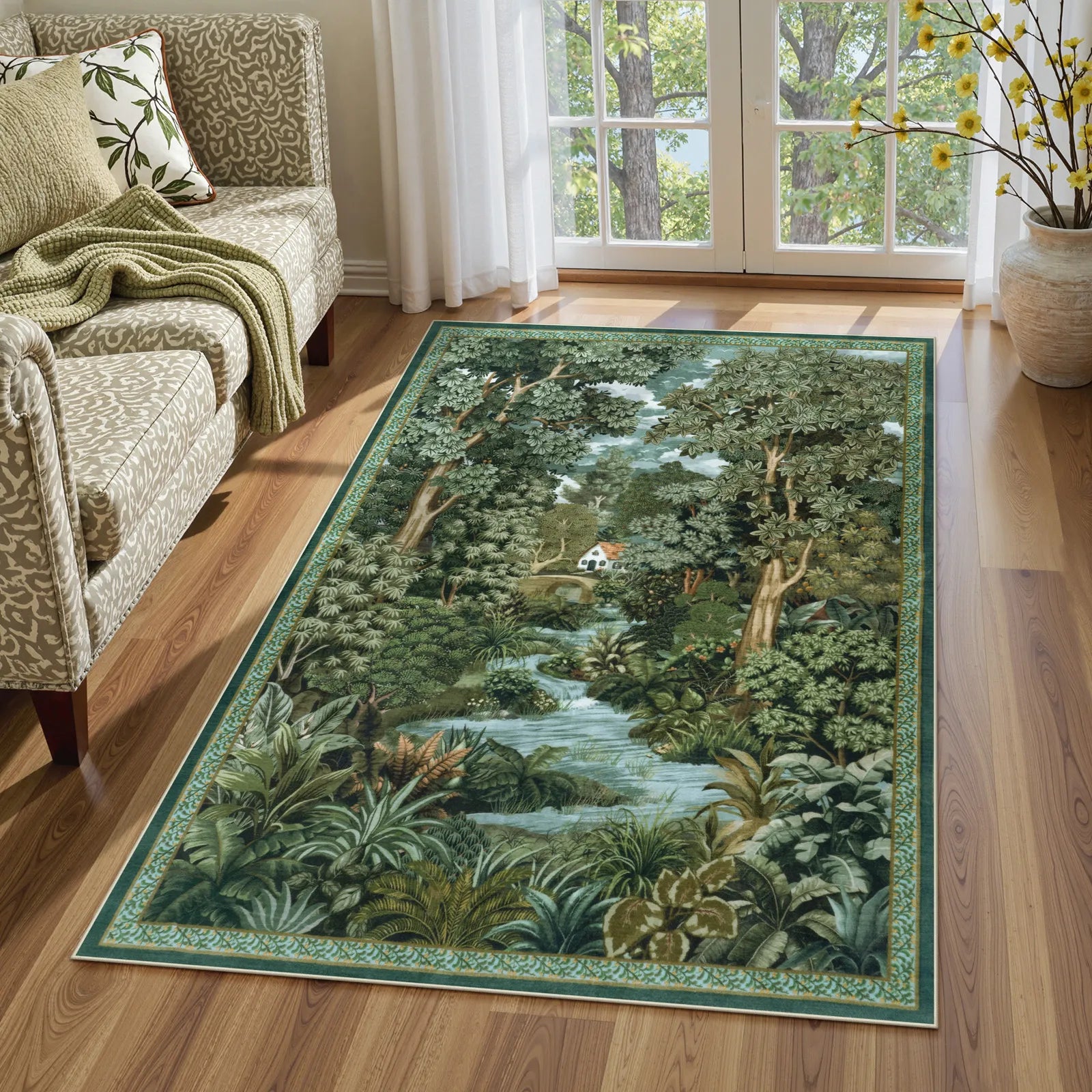 Foret Washable Vintage Forest Woodland Green Rug Area Rugs Lahome 3' x 5'