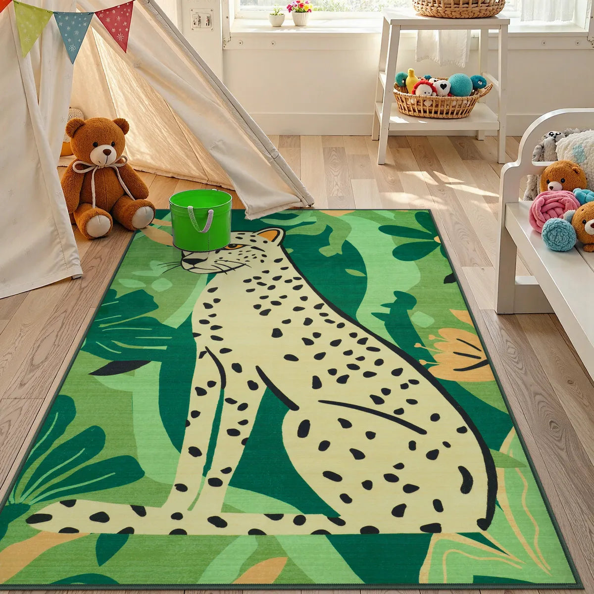 Leon Washable Graphic Cheetah Green kids Rug Area Rugs Lahome