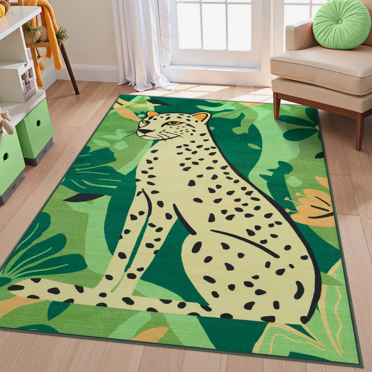 Leon Washable Graphic Cheetah Green kids Rug Area Rugs Lahome 3' x 5'
